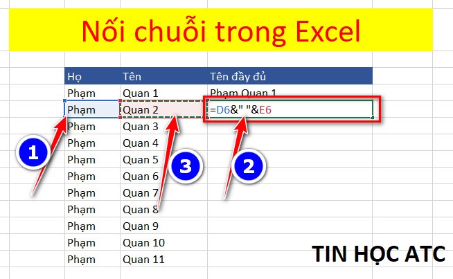 CÁCH NỐI CHUỖI TRONG EXCEL